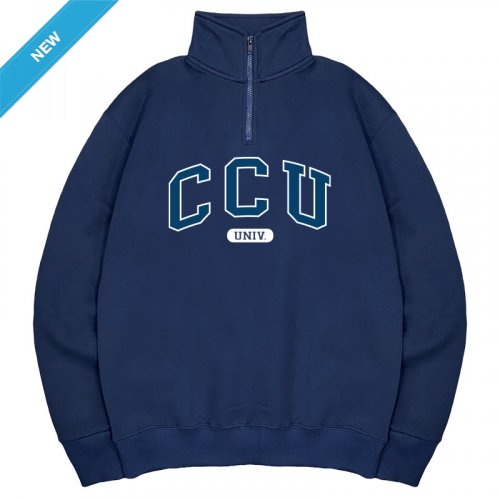 【預購至11/26，12/17陸續出貨】CCU經典款美式立領拉鍊大學T_深藍